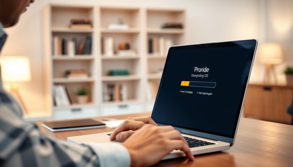 A clean and modern workspace with an individual focused on a sleek laptop displaying a progress bar for "downgrading iOS," set in a professional environment. In the foreground, the user, dressed in smart casual attire, interacts with the device, fingers poised over the keyboard, exuding concentration and calm. In the middle, a close-up of the laptop screen showcases the iOS downgrade interface, highlighting technical details like completion percentages and status indicators. The background features soft-focus elements such as bookshelves filled with tech literature and a softly lit desk lamp, creating a focused yet relaxed atmosphere. The lighting is warm and inviting, emphasizing a sense of productivity and technological mastery. The overall mood is one of determination and clarity, perfectly capturing the essence of troubleshooting the downgrade process.