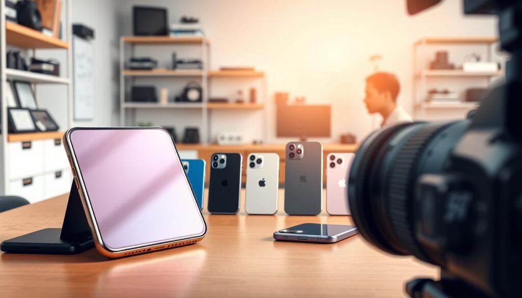 A clean, modern workspace displaying a variety of refurbished iPhones in pristine condition. In the foreground, a professional-level DSLR camera focuses on a sleek iPhone 16 Pro Max, its shiny, glimmering edges reflecting soft, diffused daylight. In the middle, several other refurbished iPhones of different hues are arranged neatly on a minimalistic wooden table, showcasing their features and quality. The background features an organized tech office environment, with shelves filled with gadgets and accessories, bathed in soft, warm lighting to create an inviting atmosphere. The mood conveys optimism and opportunity, suggesting a surge in refurbished iPhone availability. The overall composition should evoke a sense of professionalism and advancement in technology, perfect for an article section exploring market trends in smartphones.