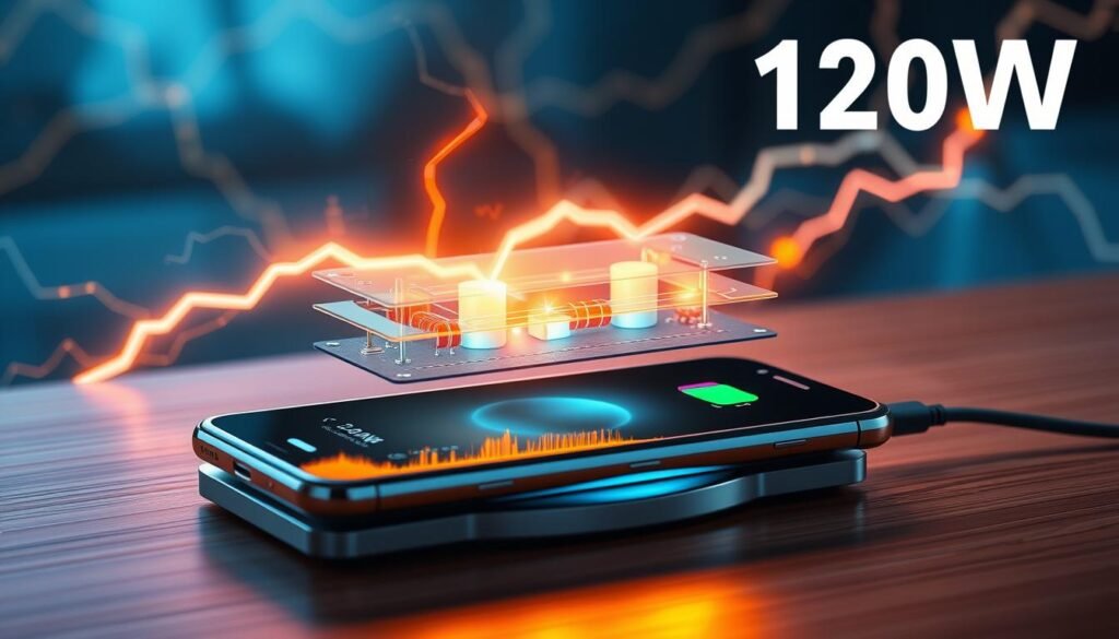 A close-up illustration showing the inner workings of a 120W fast charging technology. In the foreground, a modern smartphone lies on a sleek charging pad, with visible charging indicators on the screen. The middle layer reveals an exploded view of the charging circuit, complete with glowing components, such as capacitors and resistors, highlighting energy flow. The background features an abstract representation of electricity trails and energy waves, symbolizing rapid power transfer. Utilize dramatic, high-contrast lighting to emphasize the technology's innovativeness, with a shallow depth of field to keep focus on the charging components. The overall mood is futuristic and dynamic, conveying speed and advanced technology in charging solutions.