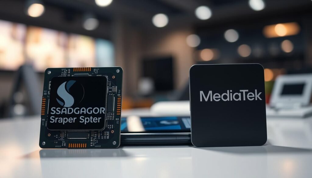 A close-up image depicting two advanced smartphone chipsets side by side: the Snapdragon and the MediaTek. In the foreground, the chipsets should be prominently displayed, showcasing intricate details like metallic circuits and branding logos. The middle ground features a sleek, modern foldable smartphone highlighting the enhanced performance of these chipsets. The background is a softly blurred tech workspace with ambient lighting, suggesting a professional atmosphere. The image should have a crisp, clean look with subtle shadows, emphasizing the sophistication and innovation of 2024 technology. Capture an energetic yet informative mood, resonating with the theme of advanced performance in foldable devices.