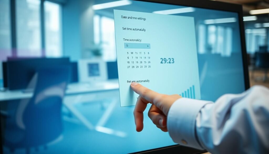 A close-up of a computer screen displaying the "Date and Time Settings" window in a Windows operating system environment. In the foreground, the screen features clear, visible options like "Set time automatically," and a prominent calendar showing the current date. Reflections of soft office lighting can be seen on the computer's glossy surface, creating a professional atmosphere. In the middle, a hand wearing a smart business cuff links adjusts the time settings with a mouse click, suggesting action and focus. In the background, there’s a blurred office setting with sleek furniture and modern technology, enhancing the context of workplace productivity. The overall mood is calm and efficient, emphasizing a tech-savvy solution atmosphere.
