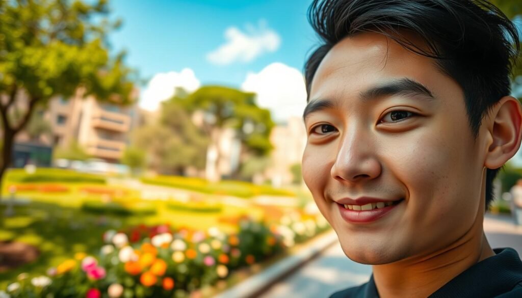 A close-up portrait capturing a person using the Xiaomi 14 Ultra smartphone in "Mode Potret," showcasing its Leica features. The subject, a young adult in smart casual attire, is framed prominently in the foreground, softly smiling at the camera. In the middle ground, a vibrant urban park can be seen, with out-of-focus greenery and colorful flowers that highlight the image's depth of field, creating a bokeh effect. The background features a clear blue sky with fluffy white clouds. The lighting is natural, with warm sunlight gently illuminating the subject's face, enhancing the texture of the skin and the colors in their attire. The overall mood is inviting and lively, reflecting the capabilities of the camera's portrait mode, emphasizing sharp details while maintaining a soft blur in the surroundings.