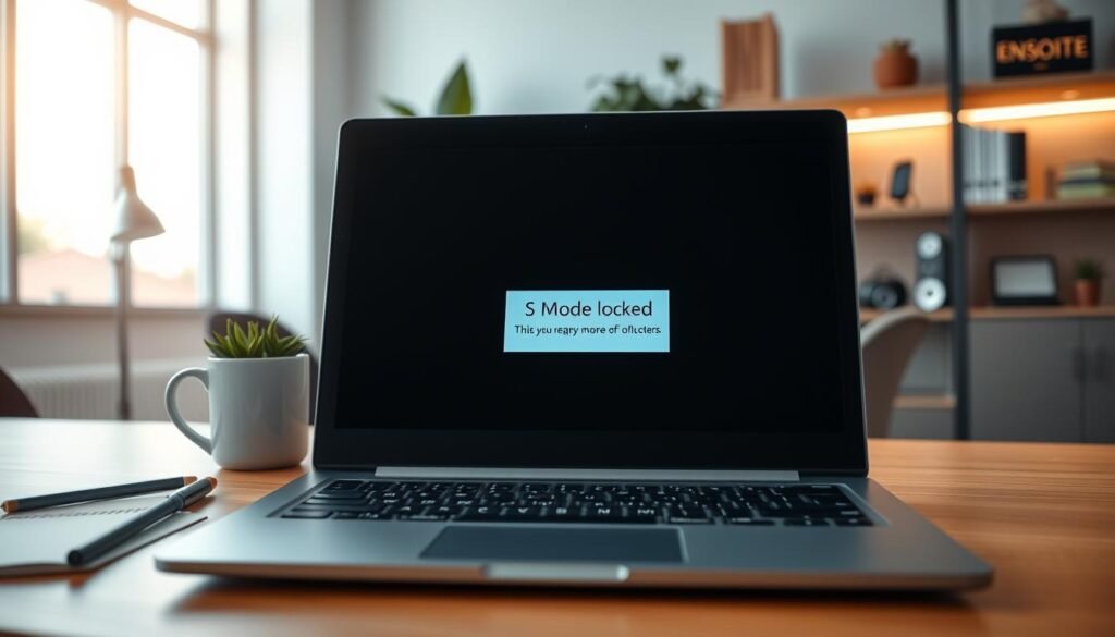 A close-up view of a Windows 11 laptop screen displaying the "S Mode locked" message in a clean, modern office environment. The foreground features the laptop with a sleek design, highlighting the screen with an error message about S Mode, surrounded by subtle hints of a productive workspace, such as a notepad and a coffee mug. In the middle, softly blurred, is a stylish workspace desk with tech gadgets and a plant, creating depth. The background includes softly lit shelves with books and tech accessories, suggesting a contemporary atmosphere. The warm, inviting lighting adds to the professional mood, emphasizing clarity and focus on the laptop screen. No people are present in the scene.