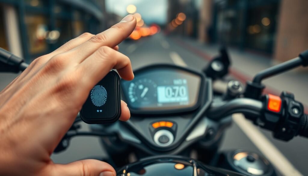 A close-up view of a biometric fingerprint sensor integrated into a sleek, modern motorcycle ignition system. The foreground features a hand gently placing a finger on the sensor, highlighting the intricate details of the device, such as LED lights indicating approval. In the middle of the image, the stylish motorcycle dashboard is visible, showcasing high-tech features and digital displays. The background is softly blurred, depicting a contemporary urban setting with soft lighting, suggesting safety and innovation. Use a shallow depth of field to focus on the fingerprint sensor while creating a sense of dynamism in the scene. The overall mood is futuristic and secure, emphasizing advanced technology in motorcycle security systems.