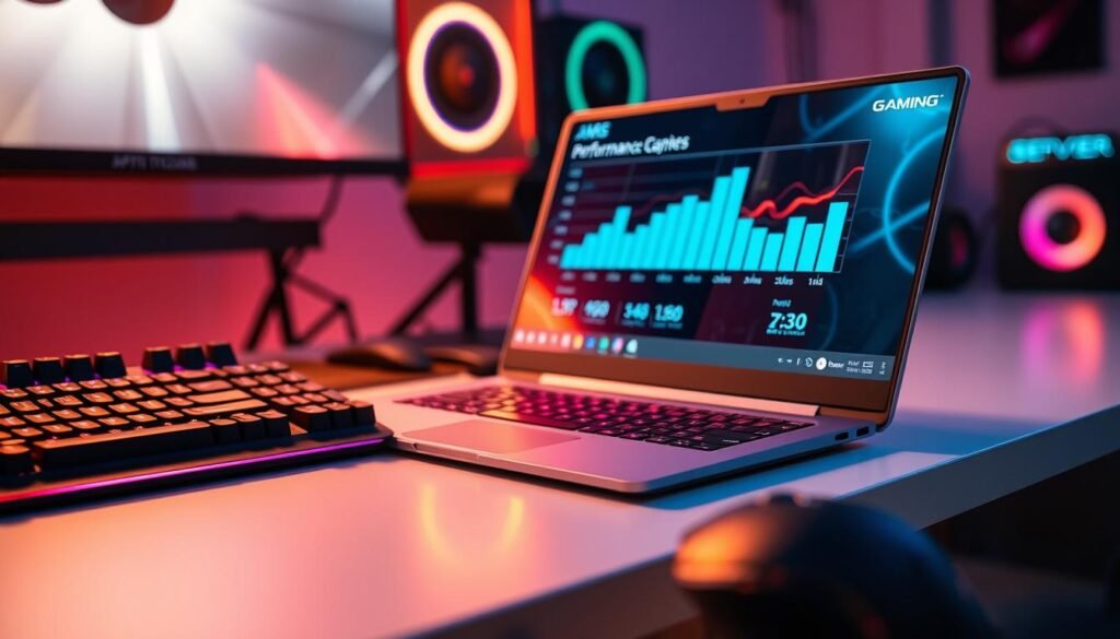 A close-up view of a gaming laptop with a graphical performance benchmark displayed on its screen. The laptop is placed on a sleek, modern desk, surrounded by gaming peripherals such as a mechanical keyboard and a gaming mouse. In the background, a soft glow emanates from RGB LED lights, creating a vibrant gaming atmosphere. The scene is captured with a shallow depth of field, focusing on the laptop while the background is artistically blurred. Warm, ambient lighting enhances the cozy and immersed mood of a gaming setup. The overall composition conveys professionalism, highlighting the performance comparison of games without any text or distractions in the image.