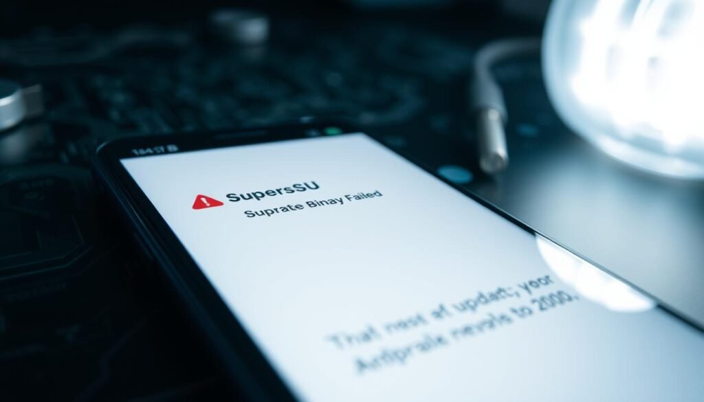 A close-up view of a smartphone displaying a troubleshooting screen for "SuperSU Update Binary Failed." The foreground shows the device with a modern interface, showcasing a red error message and an icon of a warning triangle. In the middle, tools like a screwdriver and a USB cable appear, representing the concept of troubleshooting. The background features a soft-focus workspace with a tech-centered aesthetic, including circuit board patterns and dim ambient lighting, creating a slightly tense but focused atmosphere. The image should evoke feelings of uncertainty and problem-solving, aimed at users looking for solutions in the technology space.