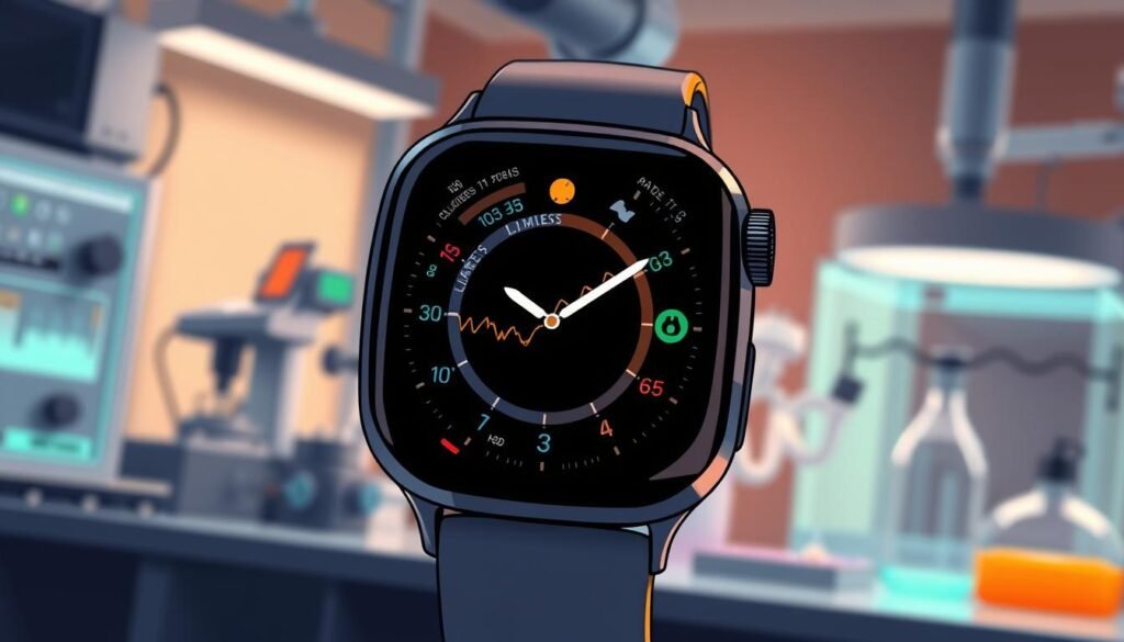 A close-up view of an Apple Watch Series 10 displaying health sensor data relevant to diabetes detection. The watch face shows a graph indicating fluctuating glucose levels, surrounded by colorful, illustrated health metrics. In the background, a blurred out laboratory setting with scientific equipment and advanced technology, creating a sense of innovation and research. Soft, ambient lighting highlights the watch, focusing the viewer's attention, while shadows add depth. The mood is serious yet hopeful, reflecting the challenges and limitations of health technology. No humans are present, allowing the focus to remain on the watch and its functionality.