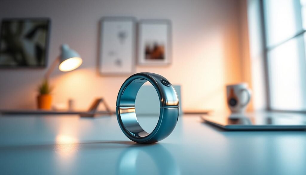 A close-up view of the Samsung Galaxy Ring battery in a sleek, modern environment. The ring is displayed prominently in the foreground, showcasing its polished surface and subtle design details. In the middle ground, a soft gradient of light highlights the ring, suggesting advanced technology and durability. The background features a blurred, minimalistic home office setting with a few tech gadgets to convey a sense of lifestyle. The lighting is bright, illuminating the ring with a soft glow, creating a futuristic atmosphere. The image should evoke feelings of innovation and reliability, capturing the essence of modern wearable technology while remaining professional and inviting.
