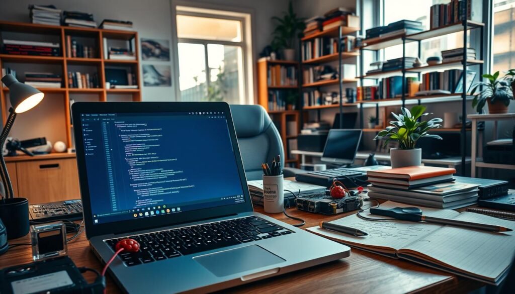 A cluttered work desk showcasing an array of software development tools relevant to Linux and Ubuntu. In the foreground, an open laptop displays colorful terminal windows with code and an IDE. Surrounding the laptop are essential tools like a Raspberry Pi, USB drives, and a notepad filled with handwritten notes. In the middle ground, an ergonomic chair and a small potted plant add to the workspace vibe. The background features a large window with natural light streaming in, illuminating wall shelves stocked with programming books and tech gadgets. The atmosphere is productive and inspiring, combining modern and cozy elements, with warm lighting creating a sense of focus and creativity.