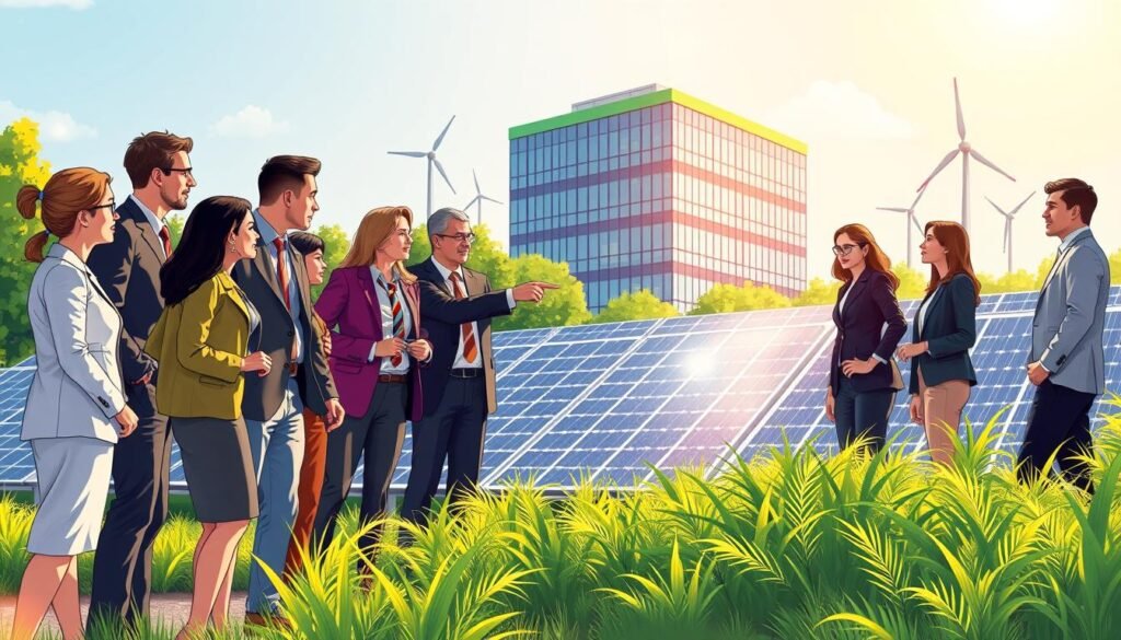 A collaborative scene showcasing local renewable energy companies in action with a focus on solar energy. In the foreground, a diverse group of professionals in smart business attire discuss innovative solar projects, pointing to a large solar panel installation nearby. In the middle ground, solar panels gleam under bright sunlight, surrounded by lush greenery symbolizing sustainability. A modern office building with a green façade and wind turbines is visible in the background, suggesting advanced technology and eco-friendliness. The atmosphere is optimistic and forward-looking, showcasing teamwork and innovation in the renewable energy sector. The lighting is warm and inviting, highlighting the professionalism and enthusiasm of the individuals, with a slightly low angle for a dynamic perspective.
