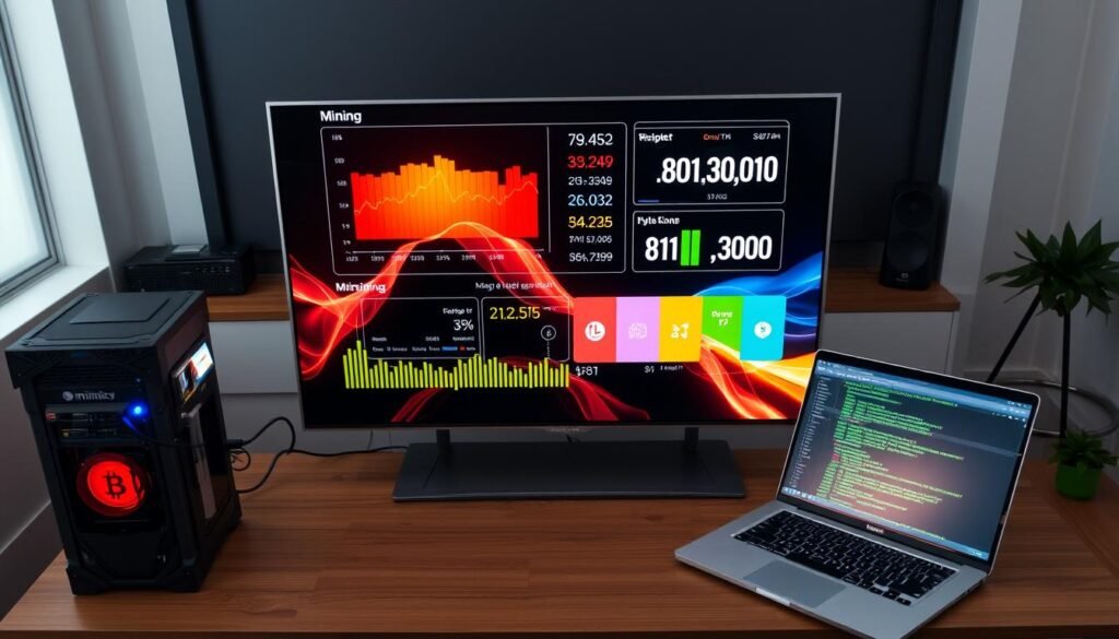 A comparative analysis of cryptocurrency mining methods, featuring a sleek modern LG Smart TV prominently in the foreground, displaying a bright and colorful interface showcasing mining statistics. In the middle ground, include various other mining devices such as a traditional mining rig with multiple GPUs, and a laptop with code on its screen, symbolizing different approaches. The background should be a clean, well-lit home office environment with soft, ambient lighting, creating a professional atmosphere. Use a high-angle perspective to capture the entire setup, emphasizing the Smart TV as a central focus. The mood should be innovative and tech-oriented, illustrating the evolution of mining technology in a visually engaging manner.