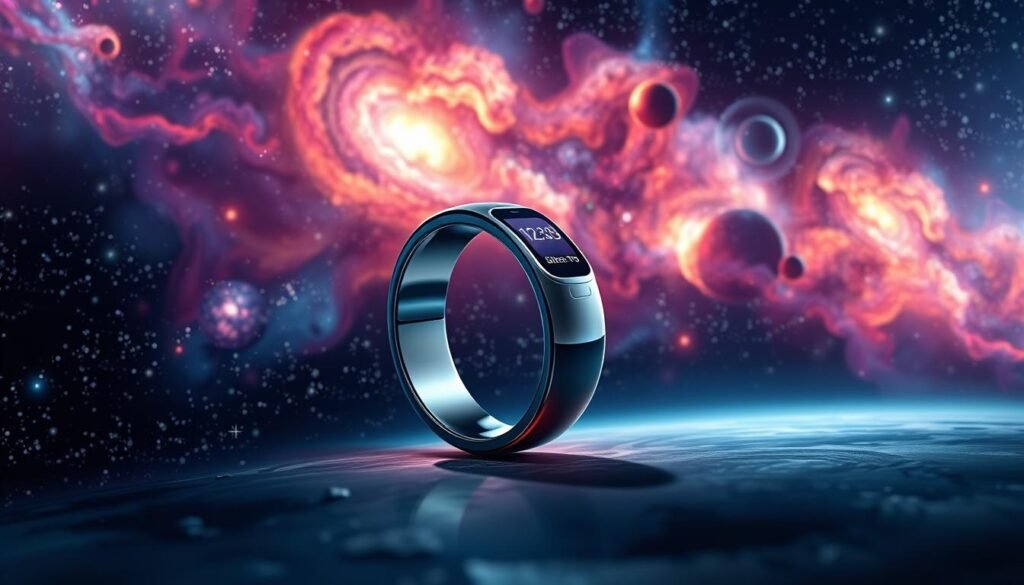 A detailed close-up illustration of the Samsung Galaxy Ring, set against a cosmic background filled with vibrant stars and swirling galaxies. In the foreground, the Galaxy Ring is prominently displayed, highlighting its sleek design and modern interface with a glowing screen. The middle ground features ethereal nebulae and planets, adding depth and richness to the scene. The background is a deep space vista, filled with sparkling stars and a distant galaxy, suggesting the vastness of space. The lighting should be dramatic, with soft glows illuminating the ring and casting subtle shadows, creating a sense of intrigue and technology. The angle should be slightly tilted to give a dynamic perspective, capturing both the elegance of the ring and the wonder of the universe around it. The mood conveys innovation and exploration in a high-tech cosmic setting.
