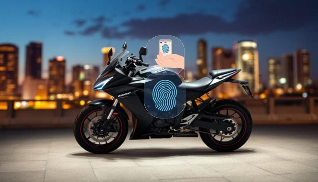 A detailed comparison of fingerprint security systems for motorcycles, highlighting both advantages and disadvantages. In the foreground, showcase a sleek motorcycle with a high-tech fingerprint lock integrated into its design. The middle layer features an illustration of a hand scanning a fingerprint on the device, representing user interaction. In the background, a blurred cityscape at dusk adds depth, illuminated by soft, ambient lighting that emphasizes the modernity of the technology. Use a slightly angled perspective, as if the viewer is observing from the side. The overall mood should be innovative and secure, conveying the essence of protection against theft with a professional touch.