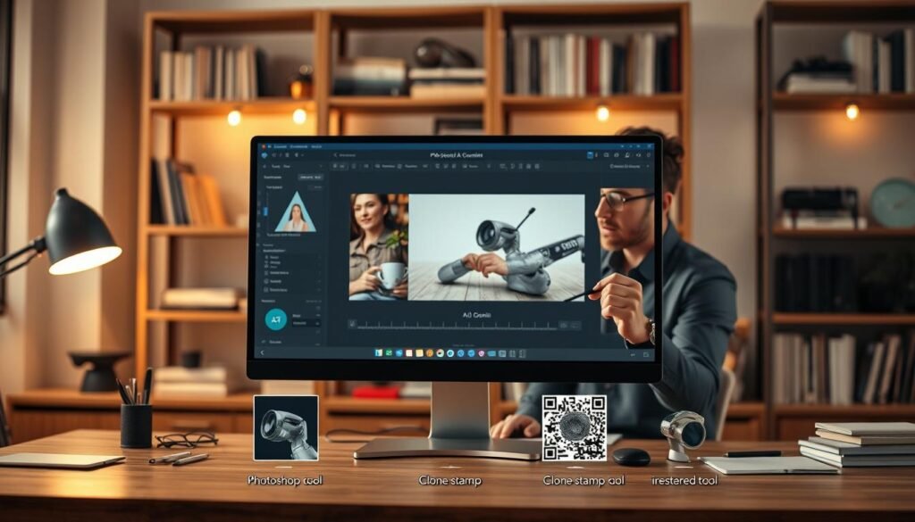 A detailed comparison of various object removal tools in digital editing, featuring a modern workspace setup. In the foreground, display a sleek computer screen showcasing a photo editing software interface with the Photoshop AI Gemini tool highlighted. Beside it, position other traditional object removal tools like a clone stamp tool, represented visually. The middle layer should include a professional graphic designer, wearing business casual attire, focused on the screen and adjusting settings with a stylus. The background features soft-lit shelves filled with design books and art supplies, contributing to a creative atmosphere. Utilize warm, inviting lighting to enhance the mood, with a slight depth of field effect to emphasize the tools in focus, suggesting a comparison between traditional and AI-driven methods.