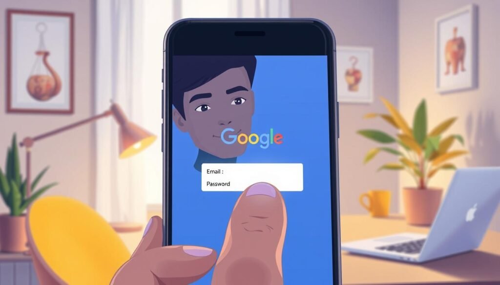 A detailed digital illustration depicting the process of logging into a Google account on the ReVanced app. In the foreground, a smartphone displaying the ReVanced app interface, showcasing the familiar Google login screen with fields for email and password prominently visible. The screen emits a soft glow, illuminating the user's face with a focused expression. In the middle ground, a hand reaching out to tap the “Login” button. The background features a cozy, modern workspace with a desk, a laptop, and a plant, bathed in warm ambient lighting. The composition suggests a seamless blend of technology and a user-friendly experience, evoking a sense of empowerment and accessibility. The atmosphere is inviting and professional, with an emphasis on functionality and ease of use in the digital world.
