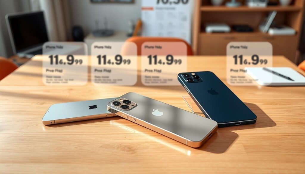 A detailed image showcasing a sleek, modern iPhone 16 series lineup, arranged artistically on a minimalist wooden table. The foreground features three different colors of the iPhone 16 Pro Max, elegantly positioned with subtle reflections, highlighting their sophisticated design. In the middle ground, blurred visuals of price tags and specifications create an informative yet unobtrusive backdrop, adding context to the theme of smartphone pricing. The background includes a softly lit room with hints of technology, such as a laptop and accessories, enhancing the tech-savvy atmosphere. Soft, natural lighting casts gentle shadows, contributing to a professional and inviting mood. The scene is shot from a slightly elevated angle to provide a comprehensive view of the products without any text or overlays.
