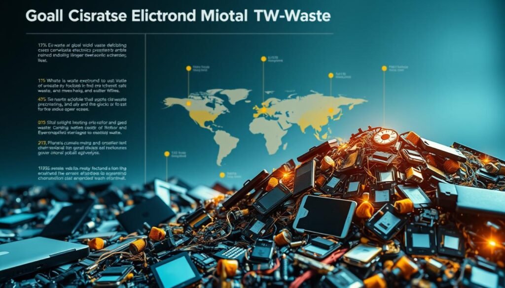 A detailed infographic representation of global electronic waste, showcasing various discarded electronic devices such as smartphones, laptops, and circuit boards in an organized layout. In the foreground, a vibrant golden glimmer emanates from a pile of e-waste, symbolizing the hidden value of precious metals like gold. The middle ground features a world map marked with data points indicating e-waste hotspots, reflecting the global scale of the issue. The background incorporates a smooth gradient of blue-to-gray, suggesting a technological environment, with subtle lighting highlighting the e-waste. The mood is informative yet hopeful, emphasizing the potential for reclaiming valuable resources from what may seem like trash. Capture this with a wide-angle lens to give depth, ensuring clear focus on e-waste and data visualization elements.
