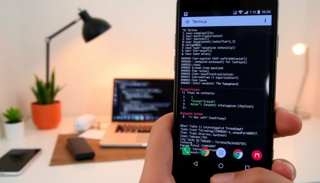 A detailed step-by-step installation guide for Termux, focusing on a mobile device interface. In the foreground, show a smartphone screen displaying the Termux app with terminal windows open, highlighting commands; icons should be visible but unobtrusive. In the middle, depict a slightly blurred hand holding the phone, emphasizing user interaction, with a light source illuminating the screen for clarity. The background should be a clean workspace, subtly suggesting a tech environment with minimalistic decor, perhaps a desk with a laptop and some tech gadgets. Emphasize a calm, focused atmosphere with warm lighting. The scene should evoke a sense of learning and accessibility in tech. Ensure all elements are professional and geared towards a tech-savvy audience.