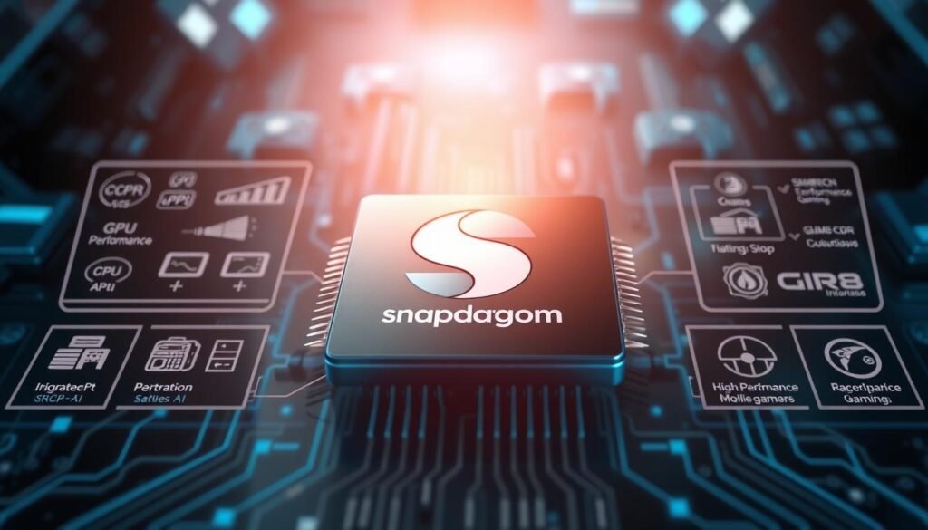 A detailed technical illustration of the Qualcomm Snapdragon chip, showcasing its key specifications and features. In the foreground, display a sleek, shiny Snapdragon chip, highlighted with a soft glow to emphasize its cutting-edge technology. The mid-ground includes diagrams and icons representing its core functions such as CPU performance, GPU capabilities, and AI processing, arranged in a clear and organized manner. In the background, a blurred but futuristic tech environment hints at high-performance gaming and advanced mobile devices, using cool tones of blue and silver. The lighting is bright, focusing on the chip, while the overall atmosphere conveys innovation and excitement. Use a high-angle view for depth, and ensure the image is clean without any text or overlays.