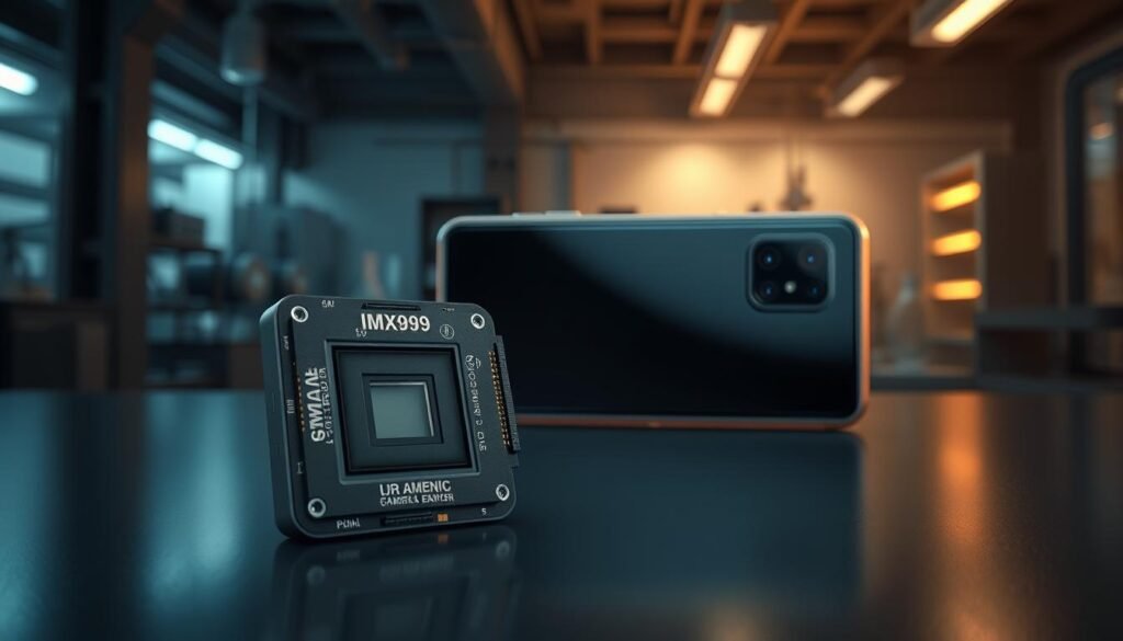 A detailed technical illustration of the Sony IMX989 camera sensor, placed prominently in the foreground. The sensor is shown in a 3D rendering with intricate circuitry visible, highlighting its advanced features such as pixel size, resolution, and compatibility with smartphone technology. In the middle ground, include a sleek smartphone that incorporates the sensor, showcasing its camera module with a reflective finish. The background features a softly focused, high-tech laboratory setting with dim, ambient lighting to convey a sense of innovation and sophistication. The overall mood is professional and informative, designed for a technology-focused audience. Emphasize clarity and precision in the details, avoiding any distractions or extraneous elements.