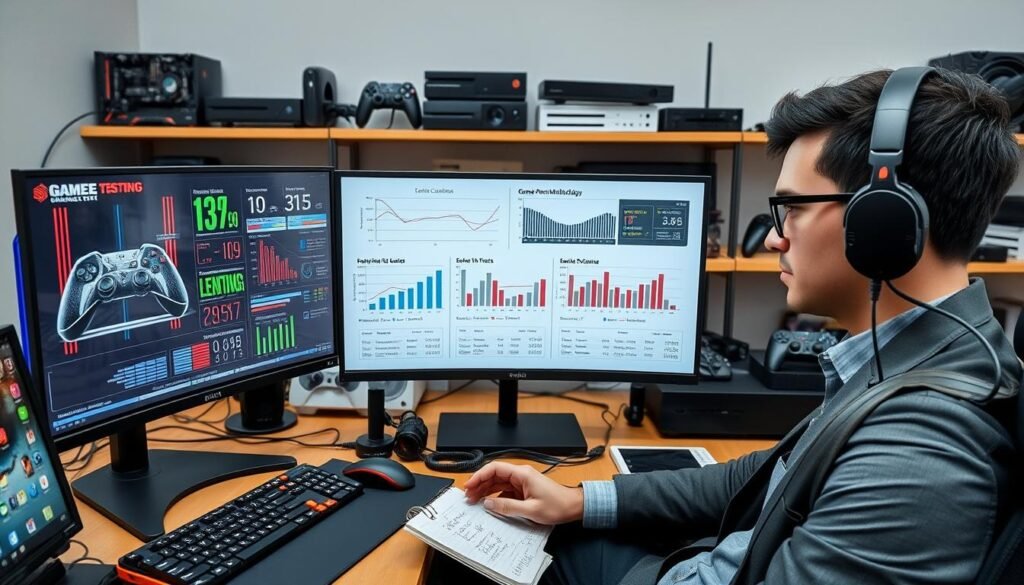 A detailed workspace showcasing a game testing methodology, centered around a sleek gaming PC setup with dual monitors displaying various game performance metrics. In the foreground, a person in smart casual attire is focused on analyzing data, surrounded by gaming peripherals like a mechanical keyboard and gaming mouse. In the middle, charts and graphs depicting test results for ten popular games are visible, along with a notebook filled with handwritten notes. The background features shelves stocked with gaming consoles and accessories, creating an engaging atmosphere. The lighting is bright and evenly distributed, enhancing clarity, with a depth-of-field effect that slightly blurs the background. The overall mood is professional and focused, conveying the seriousness of game testing methodology in a gaming environment.