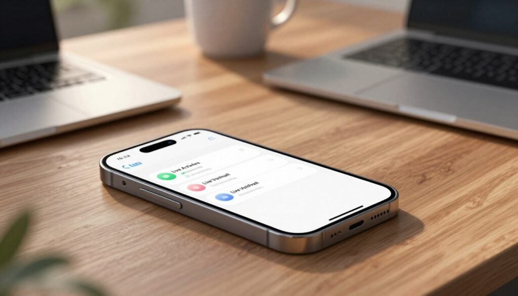 A digital illustration featuring a sleek iPhone 15 laid flat on a modern wooden desk, displaying the settings menu with the “Live Activities” and “Live Voicemail” features turned off. In the foreground, there are subtle hints of battery life indicators showing high levels. In the middle ground, a softly glowing ambient light casts gentle shadows, enhancing the focus on the smartphone. The background features a stylish office environment with a blurred laptop and coffee mug, suggesting productivity. The atmosphere is calm and focused, emphasizing efficiency and tech-savvy lifestyle choices. Soft daylight filters in, creating a warm yet professional ambiance.