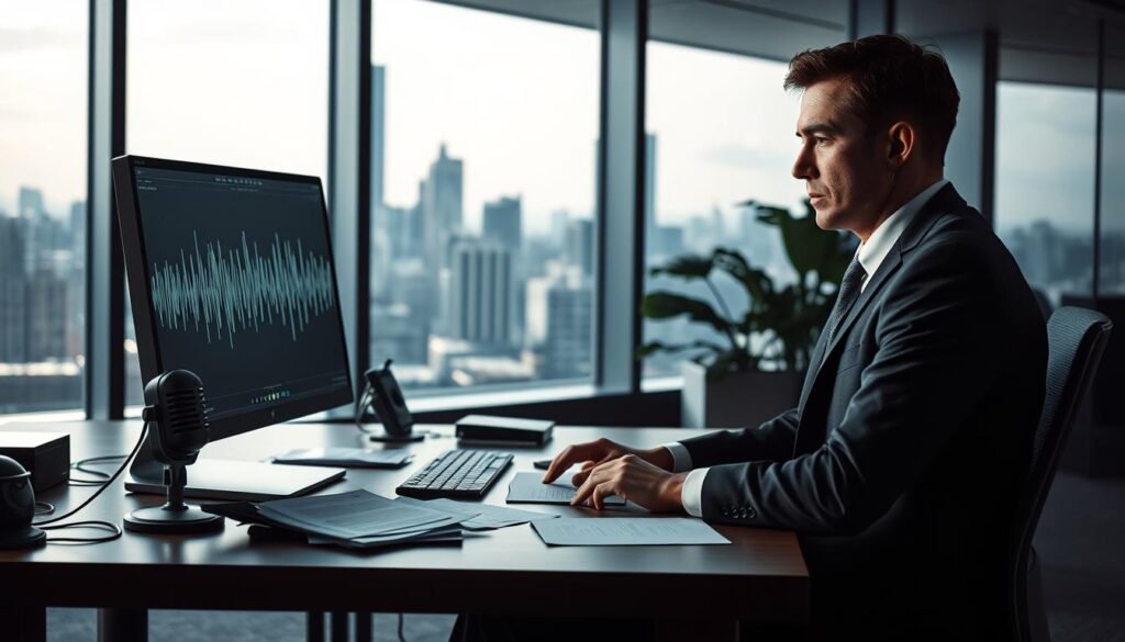 A dramatic scene set in a modern office environment, focusing on a sleek, high-tech computer with animated waveforms depicting deepfake audio. In the foreground, a professional-looking individual in business attire, seated at a desk, appears engrossed in the computer screen, with subtle expressions of concern and contemplation. The middle ground showcases scattered documents and a stylish microphone, emphasizing the theme of audio manipulation. In the background, a large window reveals a bustling cityscape under dim lighting, casting shadows that create an atmosphere of intrigue and caution. The overall mood is tense and thought-provoking, capturing the risks and dangers associated with deepfake audio technology. Soft, diffused lighting enhances the sense of urgency and seriousness of the subject.