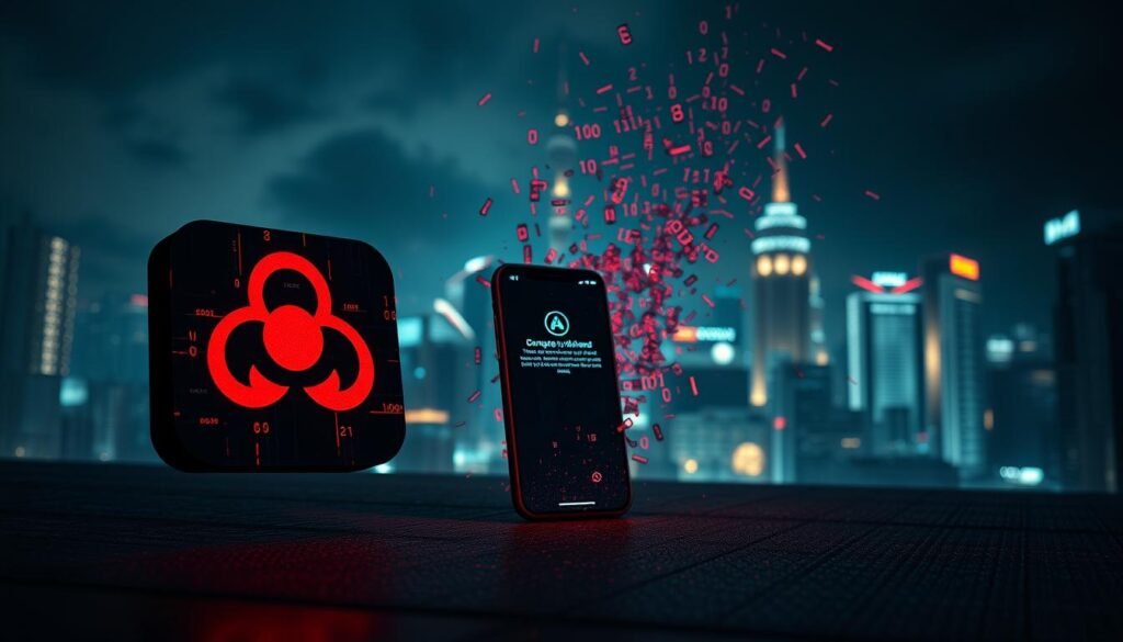 A dramatic, visually compelling scene showcasing the theme of cybersecurity threats in South Korea, centered around the "Goldoson case." In the foreground, a digital representation of a dangerous application icon, stylized with menacing colors like red and black, symbolizing malware. In the middle ground, an abstract depiction of a smartphone displaying a warning screen, with scattered binary code in the air, giving an impression of digital chaos. The background features a futuristic cityscape of Seoul at night, illuminated by neon lights, creating a tense atmosphere. Soft, eerie lighting casts shadows, enhancing the sense of danger and urgency. The angle is slightly tilted to evoke a feeling of instability and risk in the digital world.