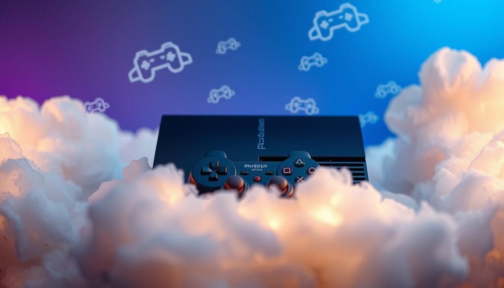 A dynamic scene focused on a PlayStation 3 gaming console surrounded by cloud motifs, symbolizing cloud gaming technology. In the foreground, prominently display a PS3 console with its sleek, glossy finish, alongside a DualShock controller with lit-up buttons. In the middle, ethereal clouds billow around the console, appearing soft and white, interspersed with digital icons like game controllers and streaming graphics. The background features a subtle blend of blue and purple hues to create a futuristic atmosphere, suggesting a vibrant digital world. Soft lighting simulates a cozy gaming environment, with gentle illumination highlighting the console's design. The overall mood should be inviting and energetic, illustrating the excitement of cloud gaming without the clutter of text or distractions.