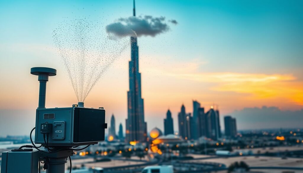 A dynamic view of Dubai's skyline during a weather modification operation, showcasing the advanced technology employed to create artificial rain. In the foreground, a high-tech cloud seeding unit is seen releasing particles into the atmosphere, with small clouds forming overhead. The middle ground features the iconic Burj Khalifa illuminated against the evening sky as raindrops begin to fall, creating a glistening effect on the modern architecture. In the background, the desert landscape contrasts with the urban setting, highlighting Dubai's innovative approach to weather modification. Soft, golden lighting enhances the serene atmosphere amidst the technological marvel, with a captivating depth of field focused on the cloud seeding action, evoking a sense of progress and hope for sustainable weather solutions.