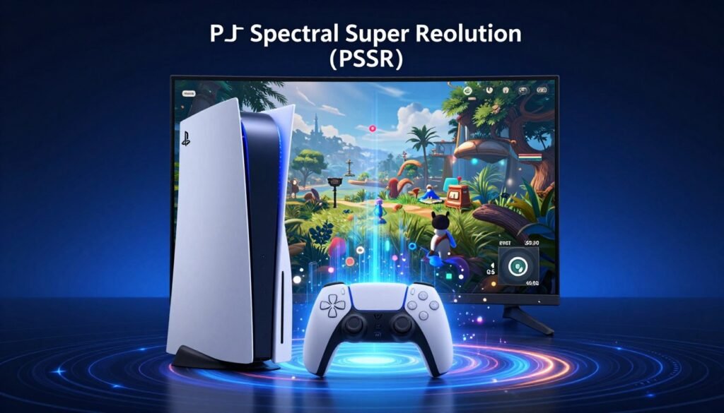 A dynamic, visually striking illustration of PlayStation Spectral Super Resolution (PSSR) technology in action. In the foreground, a sleek PS5 console glows softly, showcasing its futuristic design. Surrounding the console, intricate graphical patterns and vibrant particle effects represent the advanced processing of images and resolutions, exuding a sense of depth and clarity. In the middle ground, an ultra-high-definition screen displays a stunning video game landscape with lush environments and intricate details, emphasizing the resolution enhancement capabilities of PSSR. The background features a soft gradient of blues and blacks, reflecting the gaming atmosphere, with subtle ambient lighting that highlights the console and screen. The overall mood is one of technological innovation and excitement, perfect for illustrating cutting-edge gaming advancements.