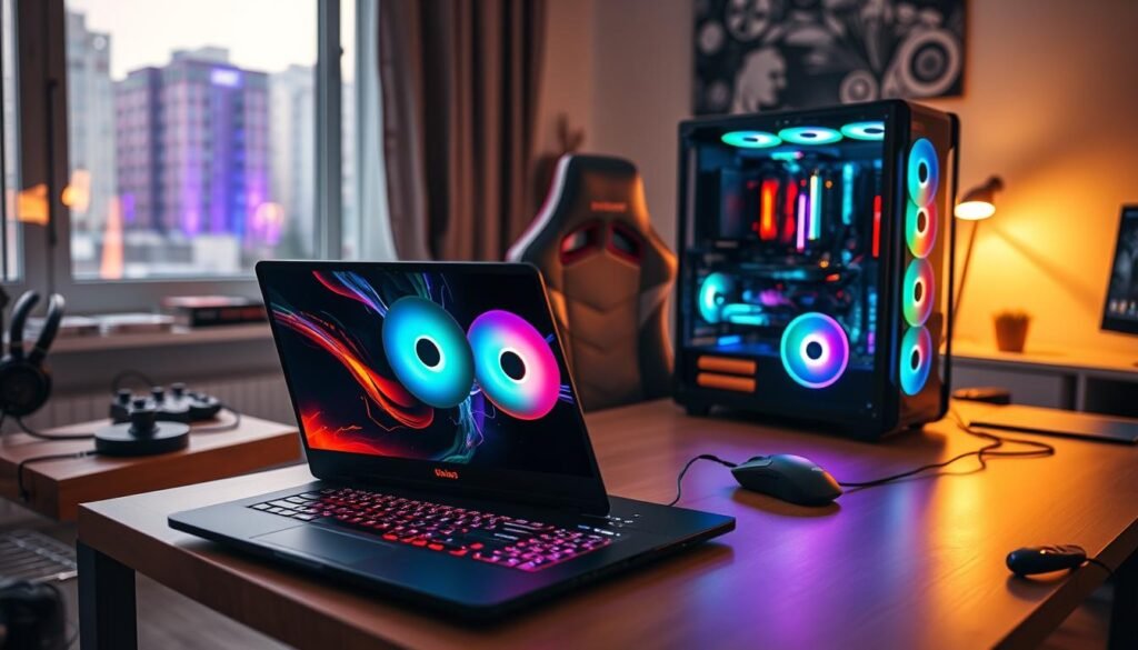A dynamic workspace featuring a sleek gaming laptop on a modern desk, highlighted by RGB lighting and customizable features, creating a vibrant atmosphere. In the foreground, the laptop's screen showcases high-performance gaming graphics. Beside it, an open PC desktop case reveals colorful RGB fans and custom components, displaying the contrast between mobility and customization. The middle ground includes an ergonomic gaming chair and a clutter-free desk with gaming accessories such as a mouse, headset, and game controller. In the background, a soft-focus urban setting through a window, suggesting a blend of home and on-the-go gaming. The image is well-lit with warm natural light, giving a cozy yet high-tech mood, emphasizing the practicality of laptop gaming versus the creative potential of desktop customization.