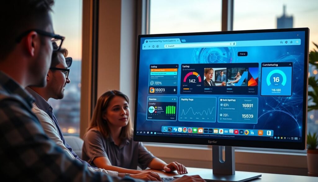 A futuristic browser interface displayed prominently on a sleek computer screen, with five open tabs showcasing various web pages, symbolizing efficient multitasking. In the foreground, a diverse group of professionals in smart casual attire, intently analyzing the screen, illustrating collaboration in a modern work environment. The middle ground features a detailed depiction of network optimization elements like speed graphs and loading icons, all glowing subtly to reflect a high-tech atmosphere. In the background, a luminous cityscape through a large window, with the soft glow of evening light, suggests a productive evening work session. The image is well-lit with soft, warm lighting, creating an inviting and innovative feel, captured from a slight angle to enhance depth and engagement.