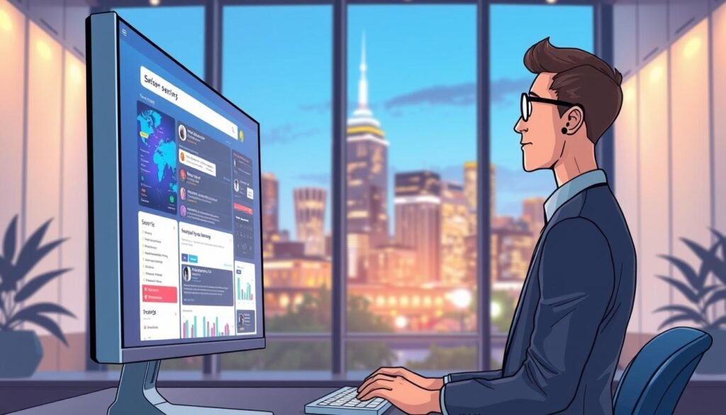 A futuristic digital workspace showcasing an advanced AI browsing the web seamlessly. In the foreground, a sleek, illuminated computer monitor displays a vibrant array of search results and interactive data streams, symbolizing "unlimited access" to information. The middle ground features a professional looking person in business attire, intently reviewing the screen, conveying curiosity and engagement. The background is a modern office filled with ambient lighting, large windows revealing a cityscape under a clear blue sky, hinting at technological advancements. Soft light casts a warm atmosphere, emphasizing the feeling of innovation and exploration in artificial intelligence. The overall mood is dynamic and inspiring, reflecting the possibilities of accessing resources without limitations.