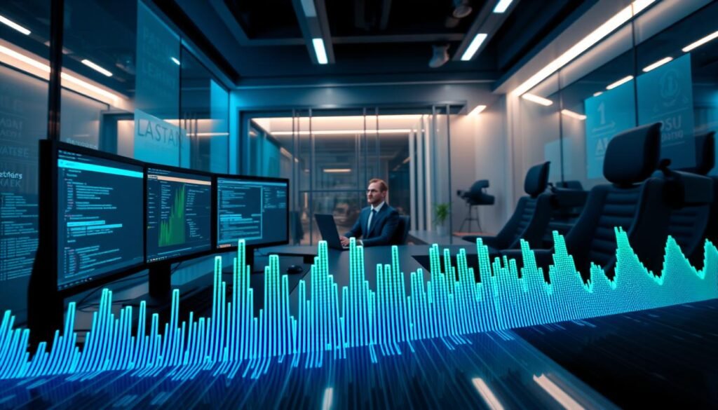 A futuristic digital workspace, where a professional individual in smart business attire is seated at a sleek desk, engaging with advanced audio technology. In the foreground, a realistic waveform display represents deepfake audio, pulsating with vibrant colors like blue and green, symbolizing sound patterns. The middle ground features a high-tech computer with multiple monitors showcasing sound analysis tools and code snippets related to audio manipulation. In the background, a softly lit room suggests a high-tech environment with subtle reflections of data streams and security markers on glass panels, creating an atmosphere of caution and innovation. The overall lighting is dim with a cool tone, enhancing the mysterious yet professional mood, perfect for highlighting the risks associated with deepfake audio. The angle is slightly tilted from above, capturing the workspace dynamics.