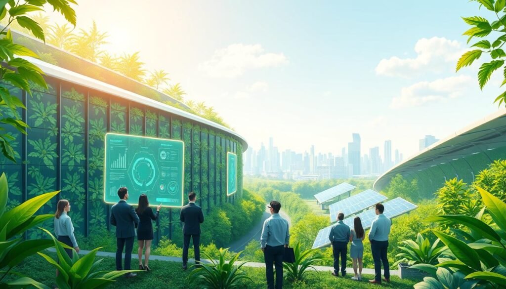 A futuristic green AI computing environment, showcasing a large solar-powered data center surrounded by lush greenery. In the foreground, diverse professionals in business attire examine translucent holographic displays representing data flow and AI algorithms. The middle ground features sleek, curved buildings integrated with vertical gardens and solar panels shimmering under a bright, clear sky. In the background, a vibrant city skyline contrasts with the natural elements. Soft, diffused sunlight creates a warm, inviting glow, emphasizing the harmony between technology and nature. Use an elevated perspective to capture the expansive layout while maintaining an optimistic atmosphere, suggesting a sustainable future of AI computing.