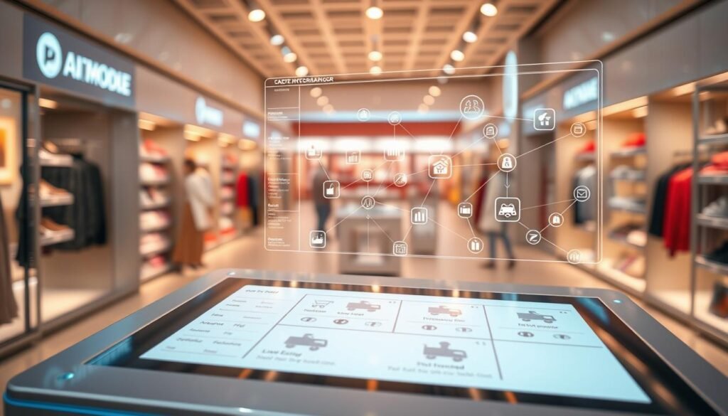 A futuristic shopping interface featuring a sleek, visually engaging "AI Mode" and "Shopping Graph". In the foreground, display a user-friendly digital screen showcasing a simplified checkout process with clickable options and seamless navigation. In the middle ground, illustrate various shopping items with connected lines forming a graph, symbolizing intelligent recommendations. The background is a modern retail environment, with soft, ambient lighting to create a warm and inviting atmosphere. Use a high-angle shot to give an overview of the interaction, emphasizing the ease and efficiency of the shopping experience. The scene should evoke a sense of innovation and convenience, with a harmonious blend of technology and everyday shopping.