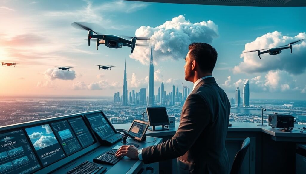 A futuristic weather modification lab in Dubai, showcasing advanced technology for cloud seeding. In the foreground, a professional scientist in business attire operates a sleek control panel filled with screens displaying weather data and simulations. The middle ground features high-tech drones preparing to inject particles into the clouds, surrounded by scientific equipment and instruments. The background presents the iconic Dubai skyline under a dramatic sky, with artificial clouds beginning to form. Soft, dynamic lighting illuminates the scene, enhancing a sense of innovation and optimism. The atmosphere conveys a blend of science and nature, illustrating the idea of technological intervention in weather patterns.