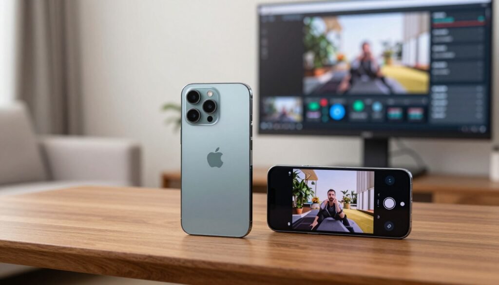 A high-quality comparative image showcasing a sleek iPhone 12 Pro and a modern mid-range Android smartphone, positioned prominently in the foreground on a stylish wooden table. The iPhone, with its polished glass surface reflecting soft natural light, appears vibrant and professional. In contrast, the Android phone is slightly angled, revealing its screen displaying video footage. In the middle ground, a subtle blurring effect highlights a monitor displaying video quality metrics, enhancing the focus on the smartphones. The background features a cozy, well-lit living room setting, with neutral colors and soft lighting creating a warm atmosphere. The mood conveys a sense of innovation and sophistication in video technology, inviting viewers to explore the comparison.
