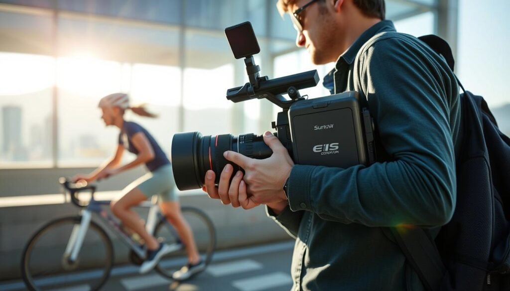 A high-tech visual representation of Electronic Image Stabilization (EIS) in action. In the foreground, a professional videographer holding a camera with advanced stabilization features, wearing smart casual clothing. The middle ground showcases a dynamic scene of a moving subject, like a cyclist or a runner, with motion blur effects to illustrate instability. Behind, a soft-focus cityscape or natural landscape, depicting the environment where EIS would be applied. Bright, natural lighting enhances the clarity of the image, while a slight tilt-up angle captures the action and emphasizes the stabilization technology at work. The overall mood should convey innovation and precision, reflecting the effectiveness of EIS in video stabilization.