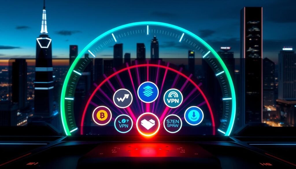 A high-tech visualization showcasing a comparison of free VPN speeds. In the foreground, a digital speedometer displaying varying download and upload speeds, illustrated with vibrant, glowing lines to represent data flow. In the middle, several stylized VPN logos arranged in a circular layout, each emanating colorful light trails that indicate speed. The background features a sleek, futuristic city skyline at dusk, with skyscrapers illuminated by neon lights, creating a dynamic and innovative atmosphere. The lighting is dramatic, with illuminated elements casting reflections, enhancing the tech-savvy mood. The image is designed to be visually engaging and informative, embodying the essence of speed comparison in a digital landscape.