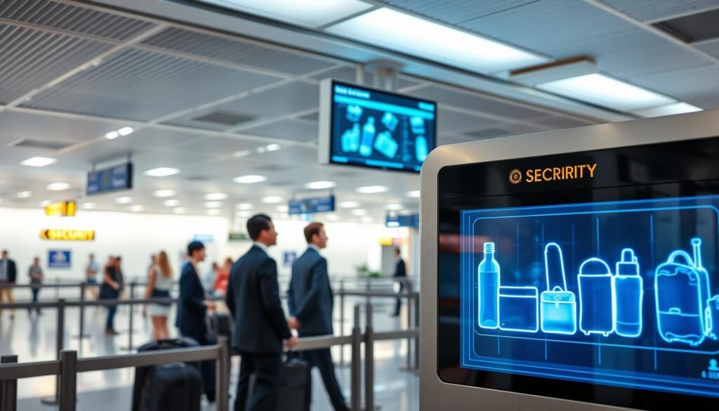 A modern airport security checkpoint featuring various advanced X-ray sensor technologies. In the foreground, showcase a sleek, high-tech X-ray scanner with a transparent screen displaying digital images of luggage contents, illustrating bottles, electronics, and bags with intricate details. In the middle ground, depict well-dressed security personnel observing the scanner's output on a large monitor, engaged in monitoring the proceedings. The background should feature an airport atmosphere with travelers moving through, minimalist architecture, and security signage. Use soft fluorescent lighting to create a sterile, professional mood, with a slightly angled perspective to emphasize the security technologies. The image should feel informative and technological, capturing the essence of modern airport security without any text or distractions.