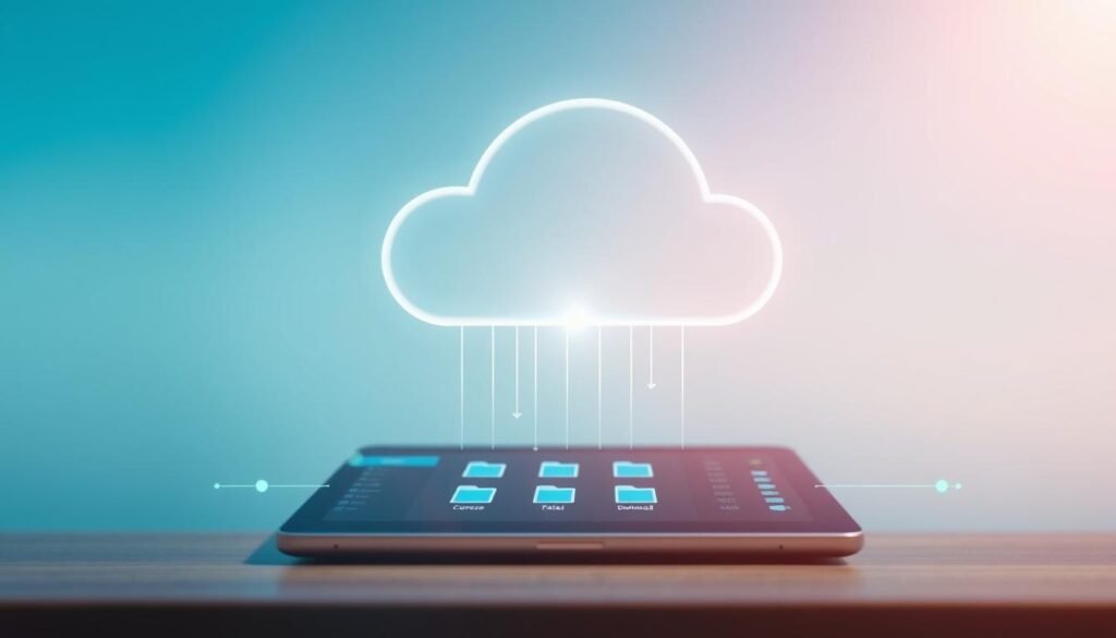 A modern and sleek visualization of cloud storage, featuring a transparent cloud icon hovering above a digital device, such as a tablet or laptop. In the foreground, the device displays a user-friendly interface showcasing various files and folders, symbolizing organized data. In the middle ground, add subtle data streams of light, representing file uploads and downloads in vibrant colors like blue and green. The background should be a soft gradient of sky blues, suggesting an expansive digital atmosphere. Use soft lighting that creates a clean and professional ambiance, with a slight lens flare to enhance the modern feel. The overall mood should convey accessibility and innovation in cloud technology for users considering their options.