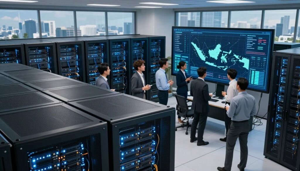 A modern data center in Indonesia, illustrating the concept of local data storage. In the foreground, sleek servers with blinking LED lights, housed in organized racks. The middle ground shows a group of diverse professionals in smart business attire, collaborating around a digital screen displaying data statistics and maps of Indonesia. In the background, large windows reveal a skyline of Jakarta, with a blue sky filtering in natural light. The atmosphere is dynamic yet focused, emphasizing the importance of data sovereignty. Use a wide-angle perspective to capture the depth of the server room, with a slight overhead angle to enhance the technological essence. The lighting should be bright and evenly distributed, highlighting the servers and the collaborative scene without harsh shadows.