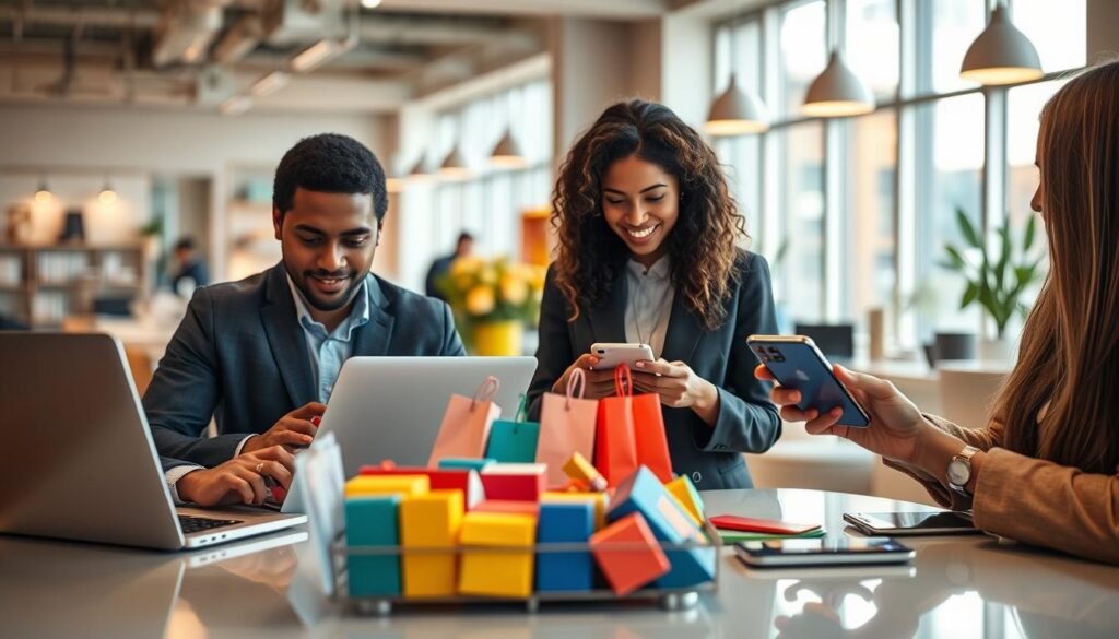 A modern digital shopping scene illustrating the convenience of Google’s automatic checkout feature. In the foreground, a diverse group of two professional individuals—one male and one female—are engaged with their sleek laptops and smartphones, displaying a user-friendly interface showcasing the checkout process. In the middle, various colorful shopping items are arranged on a stylish table, symbolizing online shopping ease. The background features a bright, airy office space with contemporary decor, glowing with warm, natural light coming from large windows. The mood is one of efficiency and modernity, emphasizing simplicity and speed in online transactions. Use a slight depth of field effect to focus on the individuals and their devices while subtly blurring the background for a refined look.