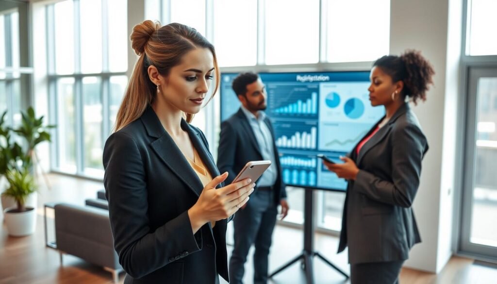 A modern office environment featuring a diverse group of three professionals engaged in a discussion about mobile phone registration regulations. In the foreground, a woman in a smart business attire is demonstrating the process on her smartphone, with a focused expression. The middle layer displays a large screen with graphs and charts illustrating data on phone registration trends. In the background, a modern office with sleek furniture and bright natural lighting streaming through large windows, creating an inviting atmosphere. The image should convey a sense of teamwork and professionalism, emphasizing clarity and innovation in the registration process, with a shallow depth of field to keep the focus on the discussion.