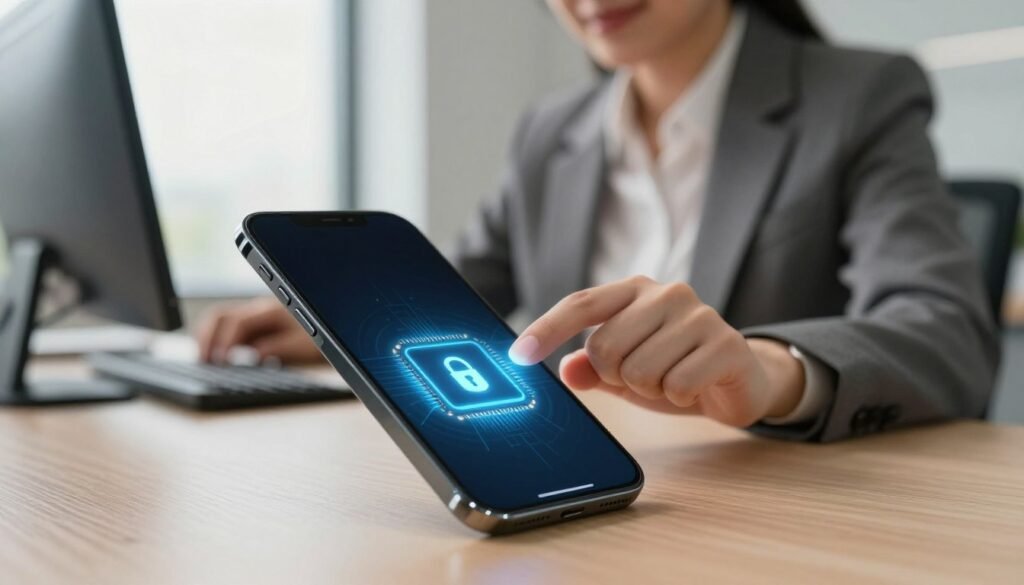 A modern office setting showcasing a close-up of an iPhone with Secure Enclave technology highlighted. In the foreground, the iPhone displays a glowing Secure Enclave chip on its screen, radiating light, symbolizing security and innovation. The middle ground features a person dressed in professional business attire, confidently interacting with the device, their expression relaxed and at ease, illustrating the harmony between convenience and security. The background consists of soft-focus office elements, like a sleek desk and technology devices, with warm, natural lighting that creates a welcoming atmosphere. The angle is slightly tilted, emphasizing the device while keeping the scene aware of its professional context, capturing the mood of trusted security in a modern digital lifestyle.