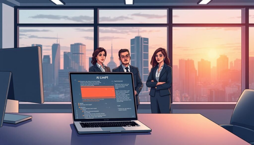 A modern office setting showcasing the limitations of AI, specifically focusing on ChatGPT in a digital format. In the foreground, a sleek computer desk with a high-tech laptop displaying an abstract representation of AI limits, such as pixelated barriers or warning symbols. The middle ground features a diverse group of three professionals in business attire, engaged in a discussion, with expressions of concern and curiosity. Behind them, large windows reveal a city skyline at dusk, bathed in soft, warm lighting that contrasts with the cool tones of the digital elements. The atmosphere is contemplative, reflecting on the challenges of AI and its implications. The image captures the essence of technological exploration within a corporate environment.