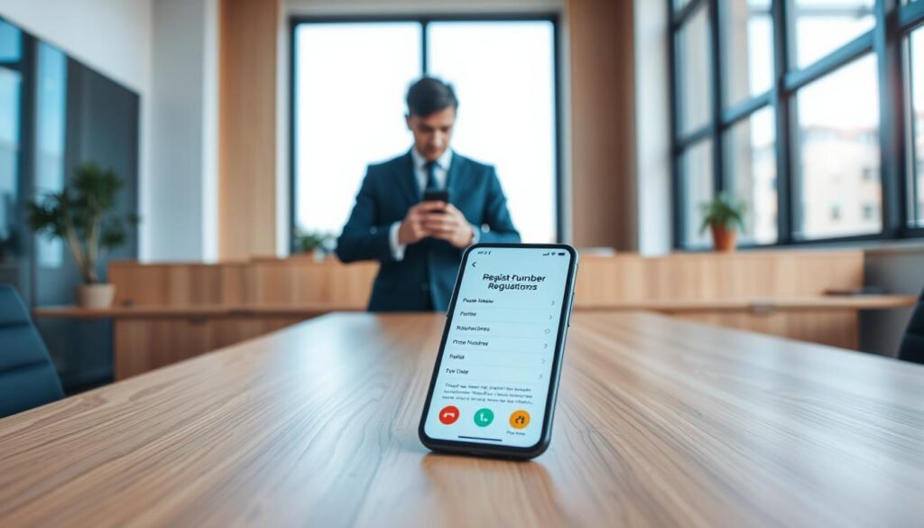 A modern office setting, with a large, sleek wooden desk in the foreground. On it, a smartphone displays a screen showing a registration interface for phone numbers, emphasizing clarity and user-friendliness. In the middle ground, a business professional, dressed in a tailored suit, is focused on the phone, with a look of concentration and determination. A large window in the background lets in bright, natural light, creating an open and dynamic atmosphere. The color palette features soft blues and warm wooden tones, conveying a sense of professionalism and innovation. The composition emphasizes the importance of phone number registration regulations, capturing a moment of engagement in the digital age.