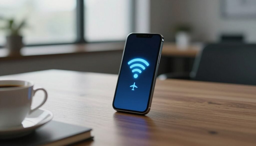 A modern smartphone displaying a Wi-Fi symbol and an airplane mode icon on its screen, placed on a sleek wooden desk with a faint blue light emanating from the device, suggesting connectivity. In the background, a tranquil office setting with low natural lighting filtering through large windows, creating a calm atmosphere. Soft shadows around the smartphone enhance its elegant design. A cup of coffee and a notebook are slightly out of focus in the foreground, emphasizing the tech focus of the scene. The overall mood is serene and professional, capturing the essence of prioritizing Wi-Fi and airplane mode in a low-signal environment.